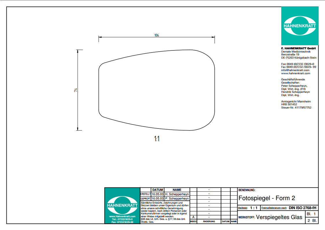Ultra FS Occlusal Photographic Mirror 74x106mm Single-Sided